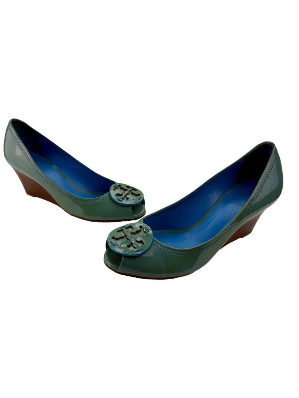 Tory Burch Patent Leather Peep Toe Wedge Pumps Blue Green RARE Colorway Size 8